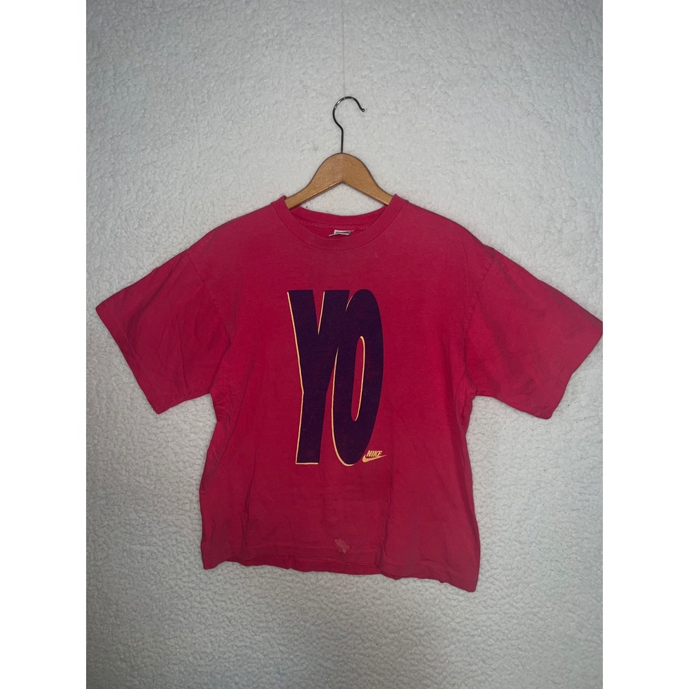 Vintage Nike Yo Graphic T-Shirt Mens Small Red Pink 90s Made in USA Retro Tee